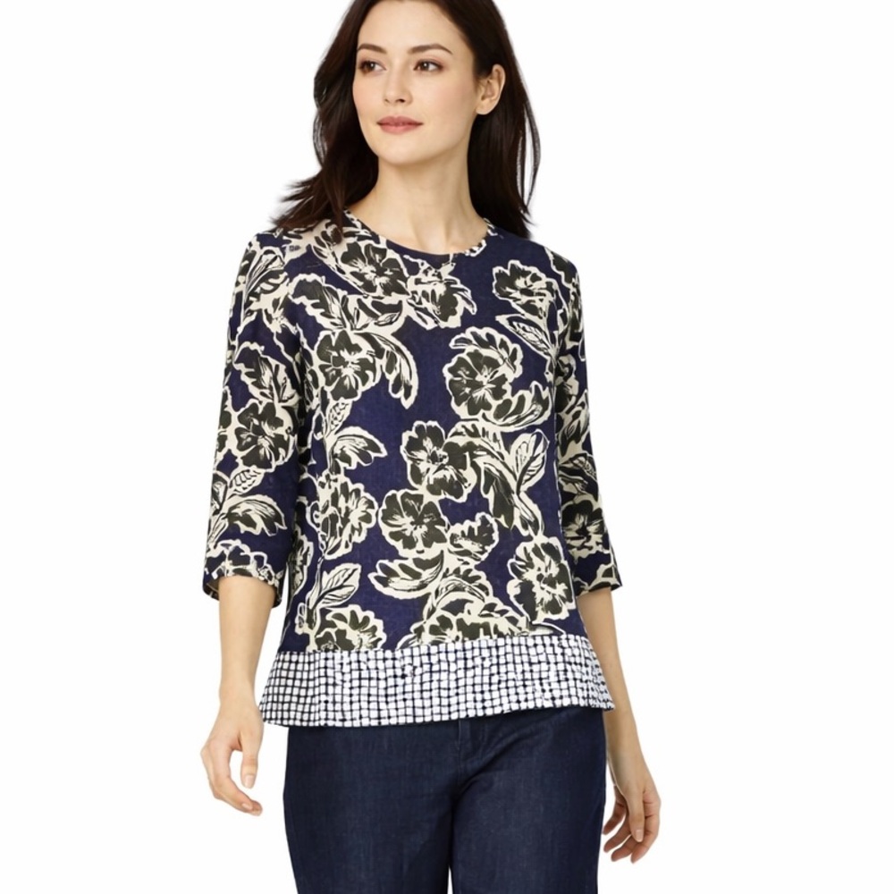 Max Mara Blouse Pop Over Blouse Blue, Black White Size 6 100% Ramie Print Tunic